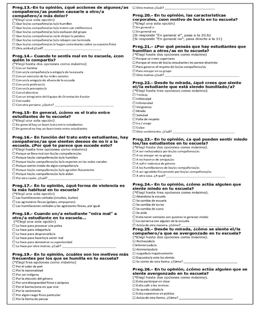 Bloque de
preguntas referido a las experiencias emocionales y las expresiones de
violencia en la escuela