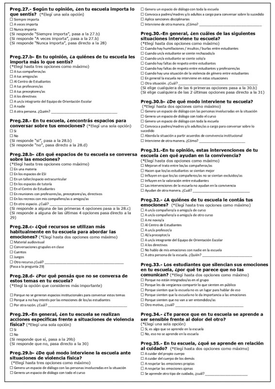 Bloque de
preguntas referido a la comunicación de las emociones y tramitación del dolor
social en la escuela